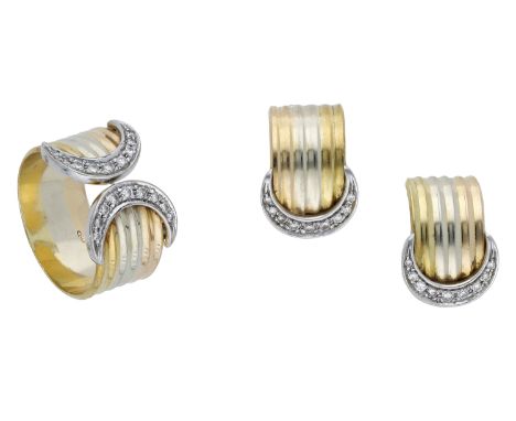 An Italian diamond set ring and earring suite, the reeded tricolour band with brilliant-cut diamond set crescent terminals, t