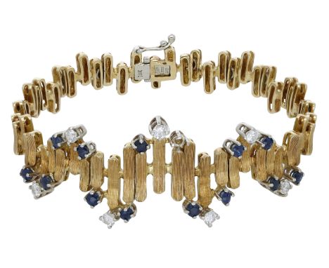 An 18ct gold sapphire and diamond bracelet retailed by Deakin &amp; Francis, 1973, of textured abstract design, the articulat