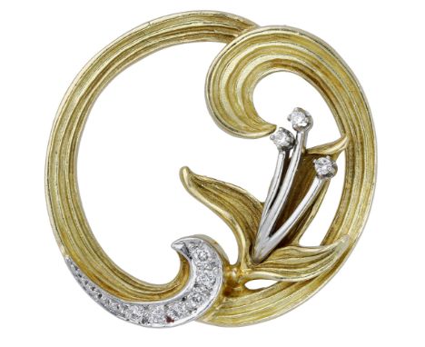 A diamond set lily brooch, of open whorl design with reeded finish and set with brilliant-cut diamond highlights, stamped ‘75