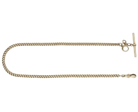 An 18ct gold Albert chain, the curb-link chain with T-bar terminal, partial Birmingham hallmark, length 43cm. £1,000-£1,200  