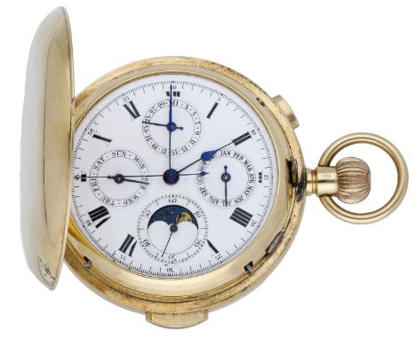 Swiss. A gold hunting cased quarter repeating, keyless calendar watch with moon-phases and chronograph, circa 1912. Movement: