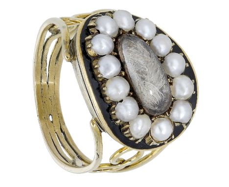 An early 19th century memorial ring, the central glazed hairwork panel within a seed pearl and black enamel surround, to a pi