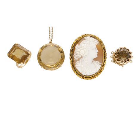 A small collection of citrine jewellery and a cameo brooch, comprising a 9ct gold mounted citrine dress ring and pendant on c