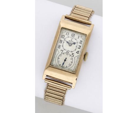 Rolex. A gold rectangular wristwatch, Ref. 1343, Prince, circa 1929. Movement: manual winding Extra Prima, 15 jewels. Dial: s