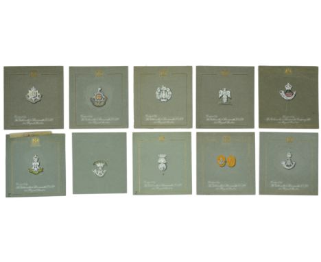 Of Infantry Interest: Assorted hand-painted Regimental artist design pattern cards for sweetheart brooches, retailed by Golds