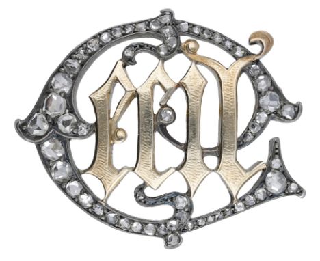 A diamond monogram brooch, circa 1890 - 1900, the gold initials in Gothic script in a stylised whiplash surround set througho
