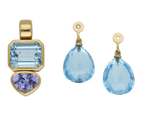 An 18ct gold gem-set pendant by Leo de Vroomen, 2002,  the articulated pendant comprising a step-cut blue topaz surmount abov