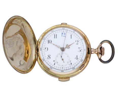 Swiss. A gold hunting cased minute repeating keyless watch with chronograph, circa 1900. Movement: jewelled lever escapement,