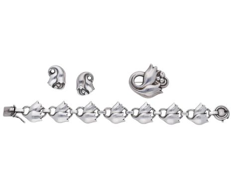 A Danish silver tulip suite by Georg Jensen, the bracelet comprised of stylised tulip links, together with a pair of ear clip