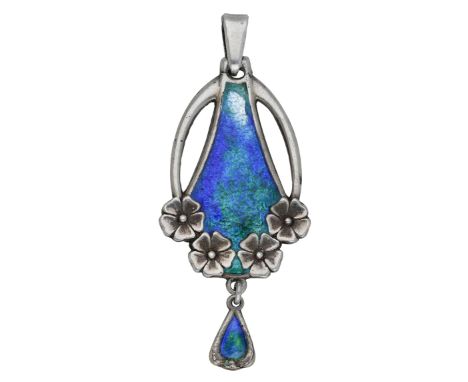 An early 20th century Arts &amp; Crafts silver and enamel pendant, by Charles Horner, the flared design with blue and green e