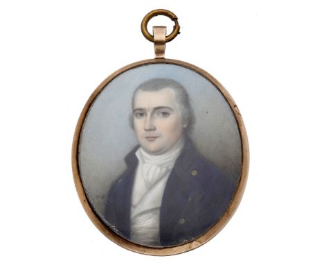 A 19th century oval portrait miniature of a gentleman by Thomas Hargreaves, bust length, wearing a navy coat, cream waistcoat