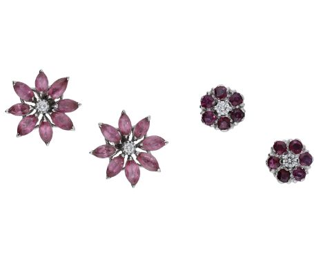 Two pairs of gem-set cluster ear studs, the first pair of flowerhead clusters comprising a brilliant-cut diamond centre withi