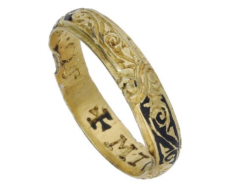 An early 17th century gold and black enamel posy ring, the D-shaped band inscribed to the interior in Roman capitals ’+MI â™¡