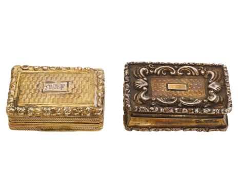 Two early 19th century silver gilt vinaigrettes, the first engine-turned and engraved with black letter initials ‘M A P’, by 