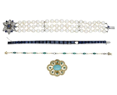 A small collection of jewellery, comprising a white gold and rectangular-cut sapphire line bracelet (one sapphire deficient),