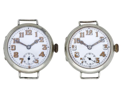 Swiss. Two nickel cased trench watches, circa 1917. Movements: manual winding, lever escapements. Dials: white enamel, Arabic