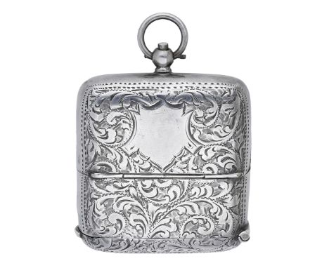 An Edward VII silver combination vesta, sovereign case and stamp case, engraved with scrolling foliage and with suspension ri