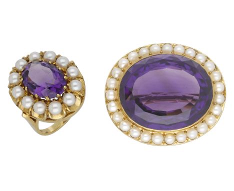 An amethyst and cultured pearl brooch and ring, the brooch circa 1890, centred with oval an mixed-cut amethyst collet set wit