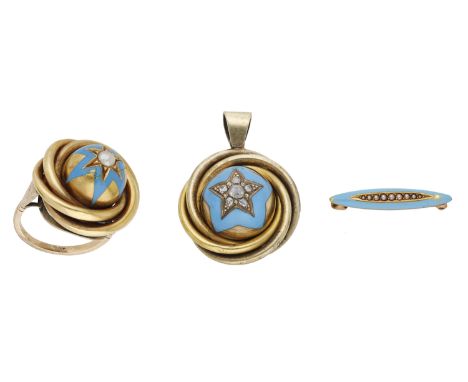 A mid-late 19th century gem-set enamel pendant and ring, the pendant of whorl design, centred with a domed blue enamel star m