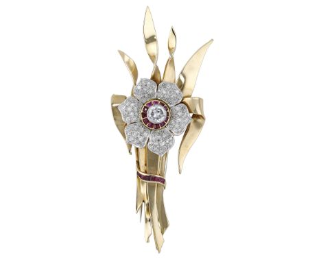 A mid 20th century diamond spray brooch, the central flowerhead set with an old brilliant-cut diamond, within a surround of c