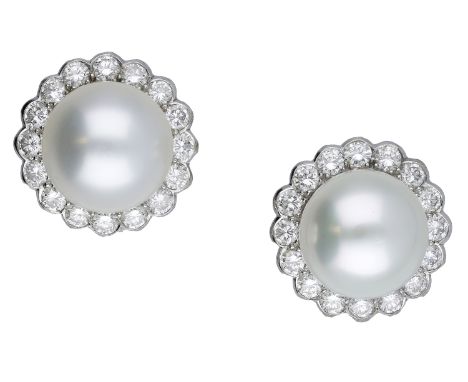 A pair of cultured pearl and diamond earrings, the large cultured pearls set within a brilliant-cut diamond scalloped surroun