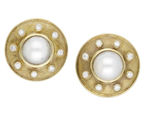 A pair of 18ct gold cultured pearl mabé pearl and diamond earrings, the circular earrings with sandblast finish, centred with