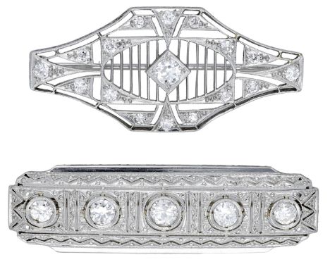 Two Art Deco diamond brooches, each of pierced design and set throughout with old brilliant-cut diamonds, one stamped ‘585’, 