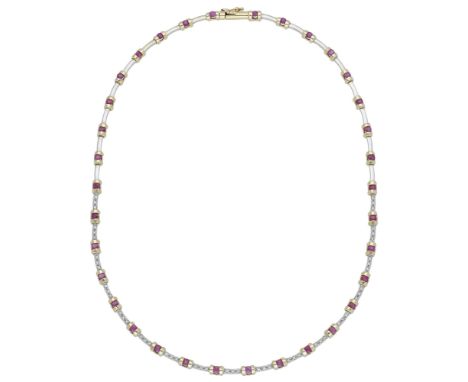 A diamond and gem-set necklace, the bicoloured fancy-link chain channel-set with circular-cut red gemstones, the front inlaid