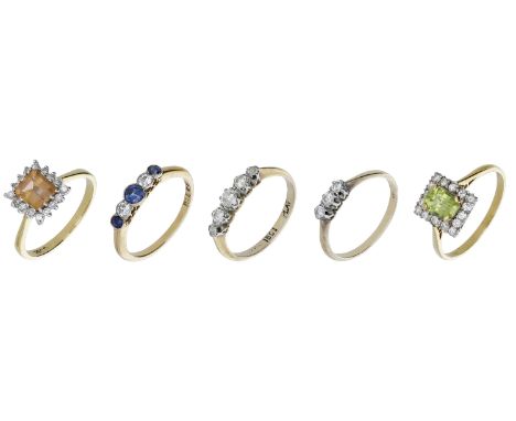 A small collection of diamond and gem set rings, comprising a topaz and diamond cluster ring, a sapphire and diamond five sto