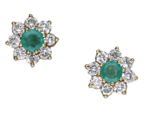 A pair of 18ct gold emerald and diamond cluster ear studs, comprising a circular-cut emerald within a surround of brilliant-c