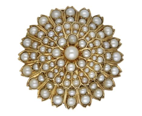 A late 19th century pearl brooch, the tiered design set throughout with seed pearls, glazed hair compartment verso, with deta