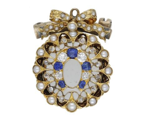 A late 19th century pearl, diamond and sapphire brooch, the composite jewel set throughout with seed pearls (five deficient),