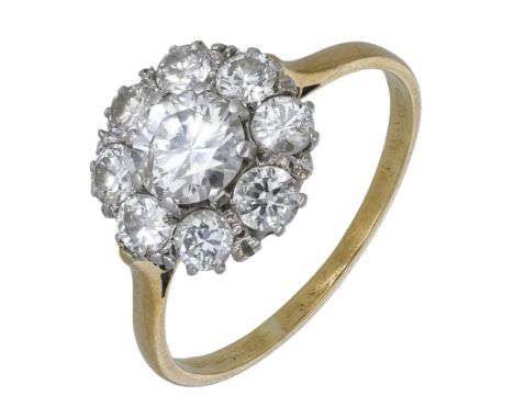 A diamond cluster ring, the flowerhead cluster set throughout with brilliant-cut diamonds, to a plain polished band, total di