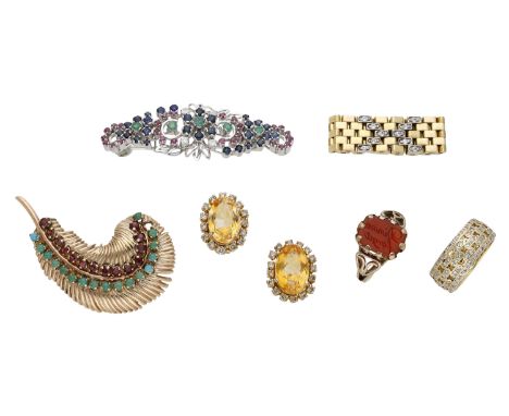 A small collection of gem-set jewellery comprising two vari gem-set brooches, a pair of citrine and diamond cluster ear studs