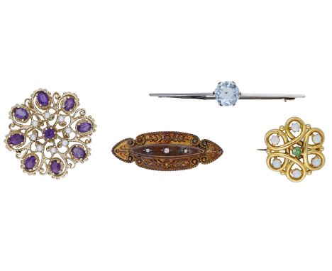 A small collection of gem-set brooches, including a pierced amethyst and seed pearl brooch, a 19th century demantoid garnet a