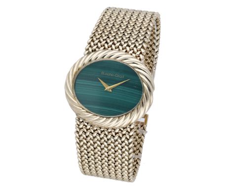 Bueche-Girod. A gold oval bracelet watch, circa 1978. Movement: manual winding, 17 jewels. Dial: malachite. Case: 9ct gold, s