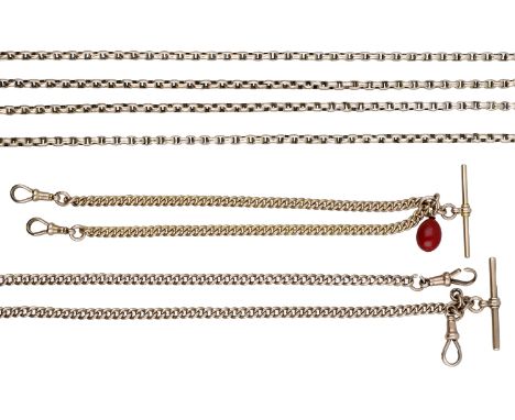 A small collection of chains, comprising two 9ct gold Albert chains, each with T-bar and swivel clasps and one with a polishe