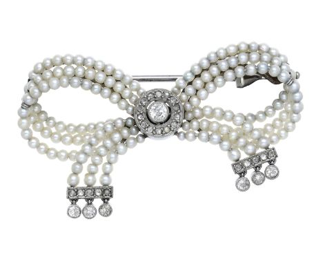 A Belle Époque bow brooch, attributed to Cartier, circa 1910, the realistically modelled seed pearl bow centred with an old b