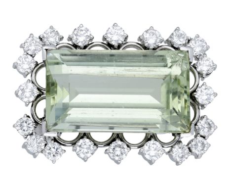 A green beryl and diamond brooch, the rectangular step-cut beryl set within a surround of brilliant-cut diamonds, double-pin 