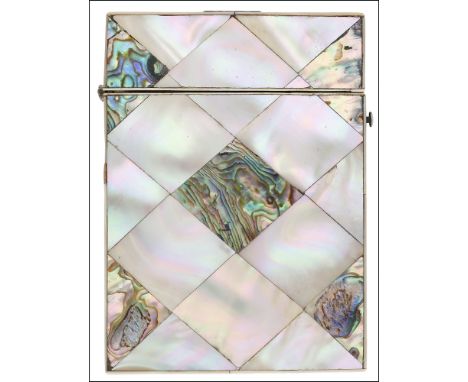 A mother-of-pearl and abalone shell visiting card case, the panels in chequer board design, the hinged top with applied recta