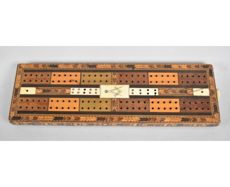 A Late Victorian/Edwardian Bone and Mixed Wood Inlaid Cribbage Board with Masonic Motif, Stamped Verso M Murray, 31cms by 9.5