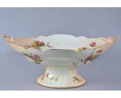 A Royal Worcester Blush Ivory Pedestal Bowl with Handpainted Floral Decoration, 30.5cm diameter, Glue Repair 