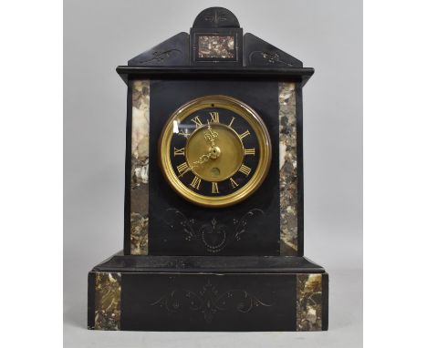 A Late Victorian French Black Slate and Marble Mantel Clock of Architectural Form, Movement Now Replaced with battery, 34.5cm