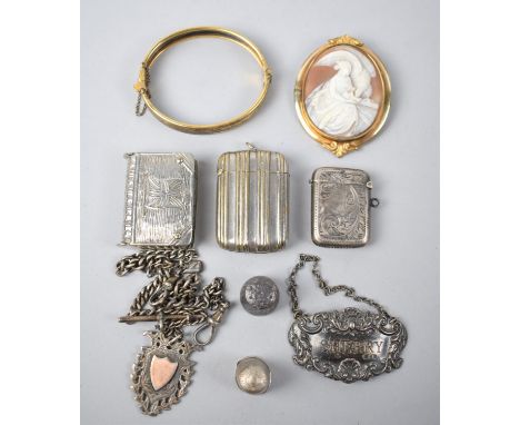 A Collection of Various Silver Items to Comprise Vesta Case, Sherry Decanter Label, Fob and T Bar Chain and a Thimble Togethe