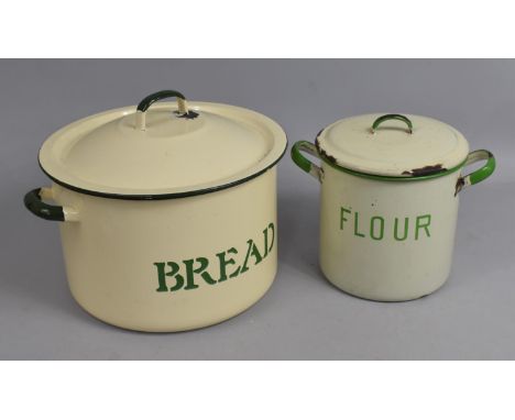 A Vintage Circular Cream Enamel Bread Bin and Smaller Flour Bin 