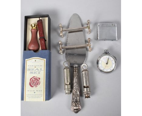 A Collection of Curios to Include Silver Handled Cake Knife, Seal Set, Lighter, Stop Watch (Over Wound), Two Whistles 