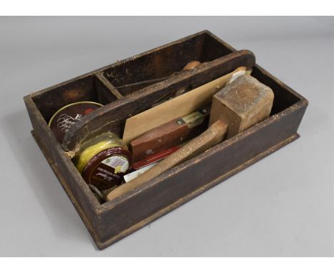 A Vintage Wooden Tool Tray with Central Carrying Handle with Tooling Items including Chisels, Mallet, Ercol Furniture Wax Etc