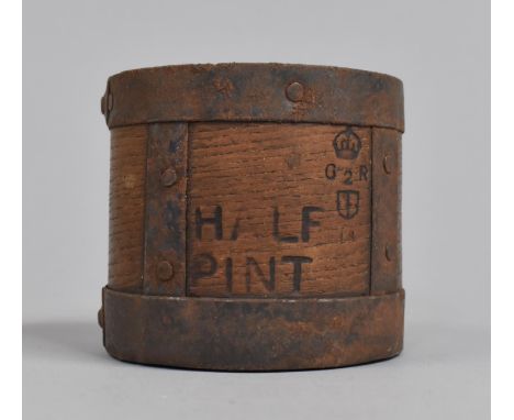 A Vintage Cylindrical Metal Banded Wooden Half Pint Measure Stamped G2R (George V, The 2 refers to London City) 8.5cms Diamet