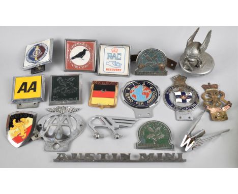 A Collection of Various Vintage Motoring Badges, Radiator Cap, Wolseley Bonnet Badge and Austin Mini Badge 
