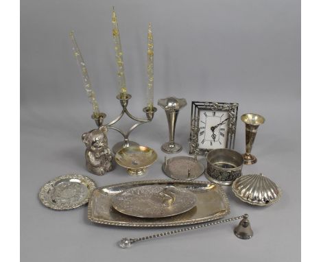 A Collection of Various Silver Plated Items to comprise Bottle Coasters, Three Branch Candelabra, Candles (AF) Snuffer Etc 